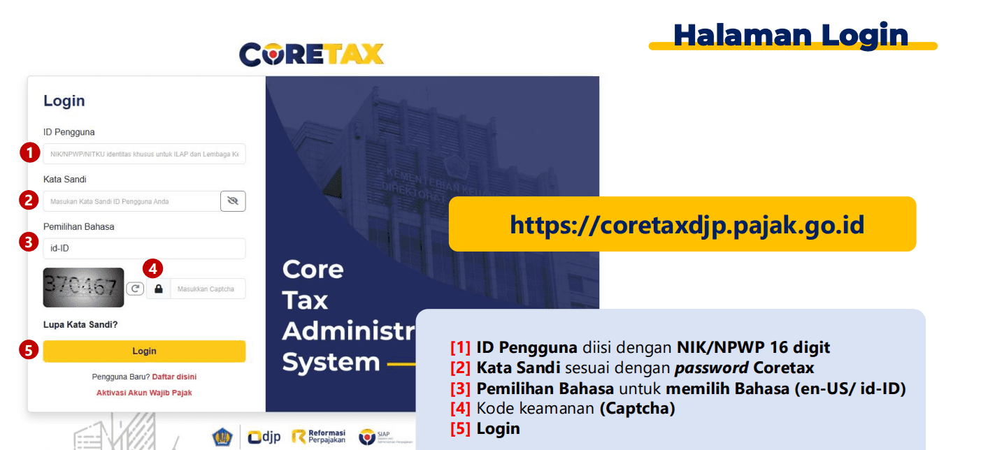 halaman login cara mengisi coretax